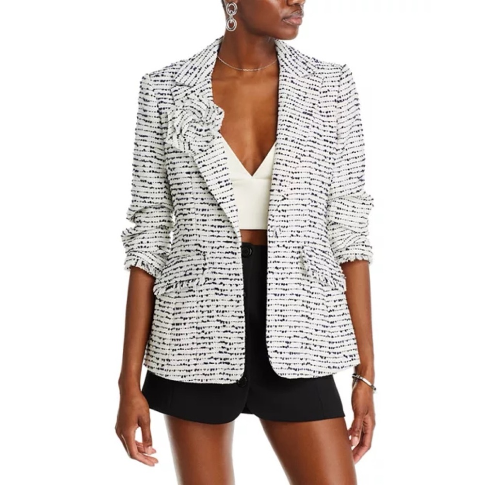 cinq a sept Black and White Tweed Rosette Blazer